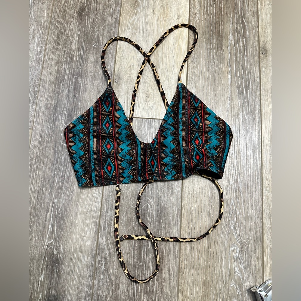 Savage Swim Tribal Print Strappy Bikini Top - Teal & Black
